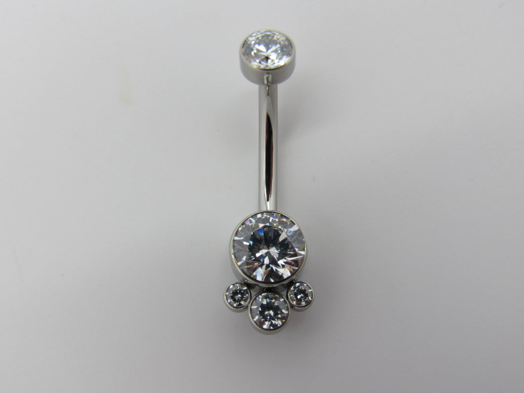 LeRoi Bijoux 4 Gem Cluster Navel Bar in Titanium with Clear Swarovski Gems