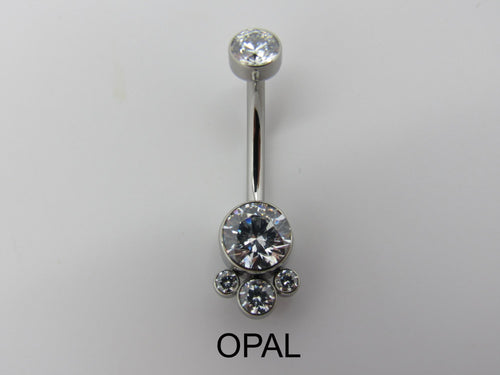 LeRoi Bijoux 4 Gem Cluster Navel Bar in Titanium with White Opal