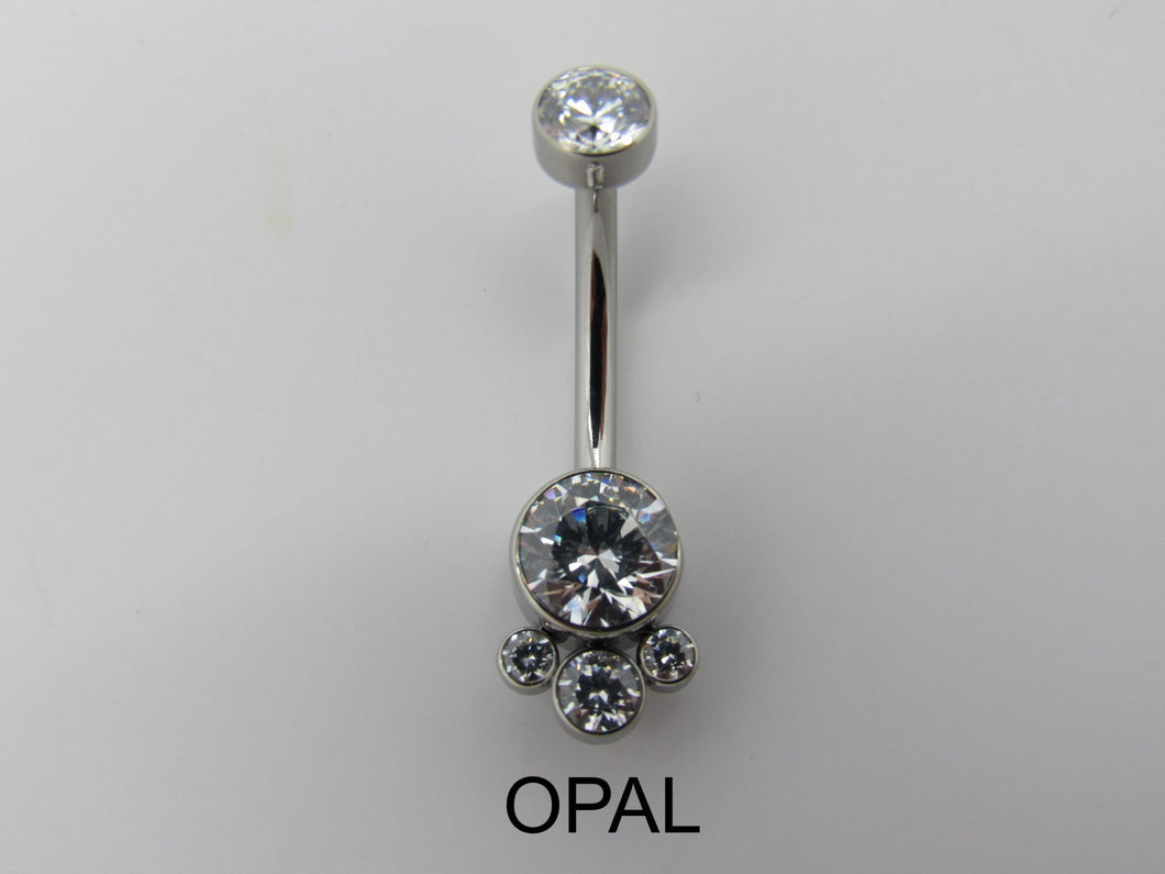 LeRoi Bijoux 4 Gem Cluster Navel Bar in Titanium with White Opal